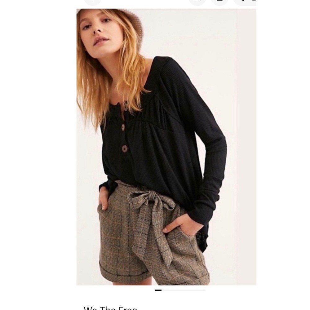 We The Free Free People Black Waffle Knit Henley Babydoll Thermal Top Large